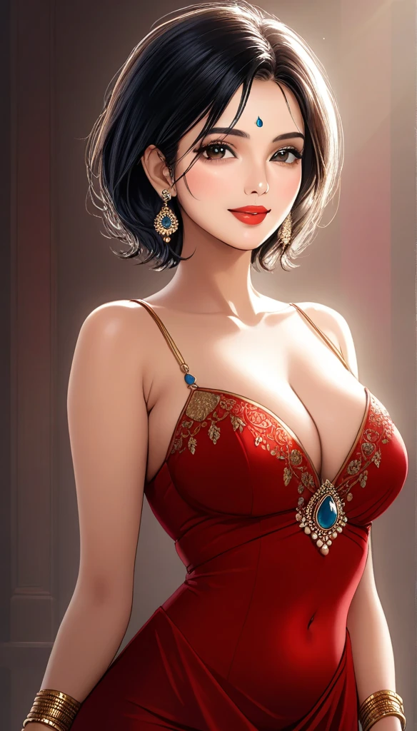 a beautiful mature indian woman, detailed intricate long jhumka earrings, smooth lips, red lipstick, smiling,mini red dress, small cleavage, hand gloves, makeup, detailed alluring eyes, bangles, blue ribbon, saggy breasts, photorealistic, (best quality,4k,8k,highres,masterpiece:1.2),ultra-detailed,(realistic,photorealistic,photo-realistic:1.37),cinematic lighting,vibrant colors,intricate details,messy short hair,navel,legs