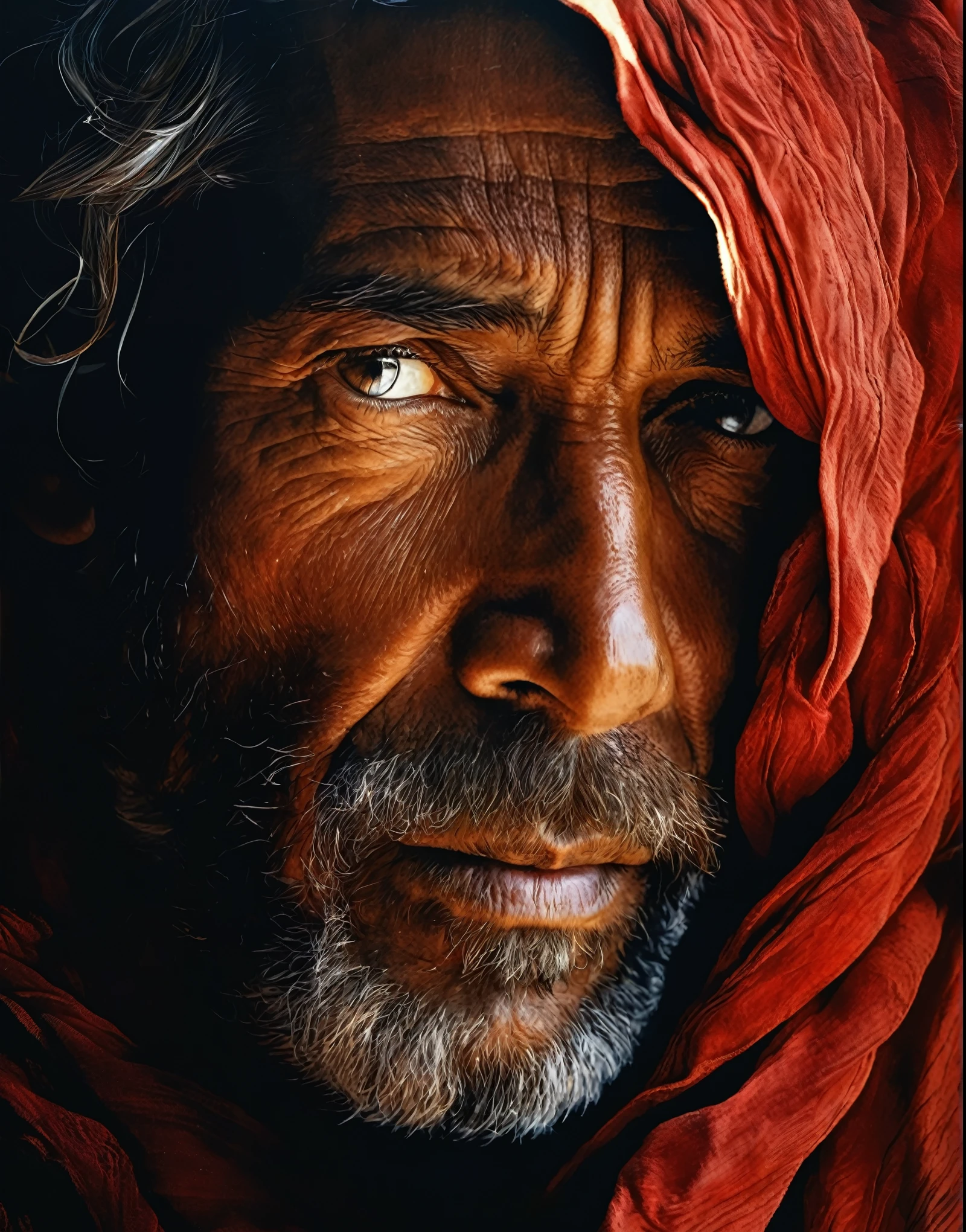 Wearing a red scarf、Arav man with a beard and a red scarf, Bedouin portrait&d, extremely detailed portrait, hyper realistic digital painting, Color Photo Portrait 4k, Stunning Portraits, ultrarealism oil painting, Steven McCurry portrait, Hyperrealistic figures, Superrealisticart, Hyperrealistic figures, fine art hyperrealism