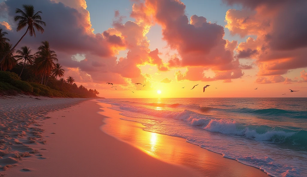 An absolutely mesmerizing sunset on the beach with a mix of orange, red, pink and yellow in the sky. The water is crystal clear, gently kissing the shore, and the sandy beach is endless. The scene is dynamic and breathtaking, with seagulls soaring high in the air and palm trees gently swaying. Immerse yourself in the calm atmosphere and let the tranquil surroundings surround you.