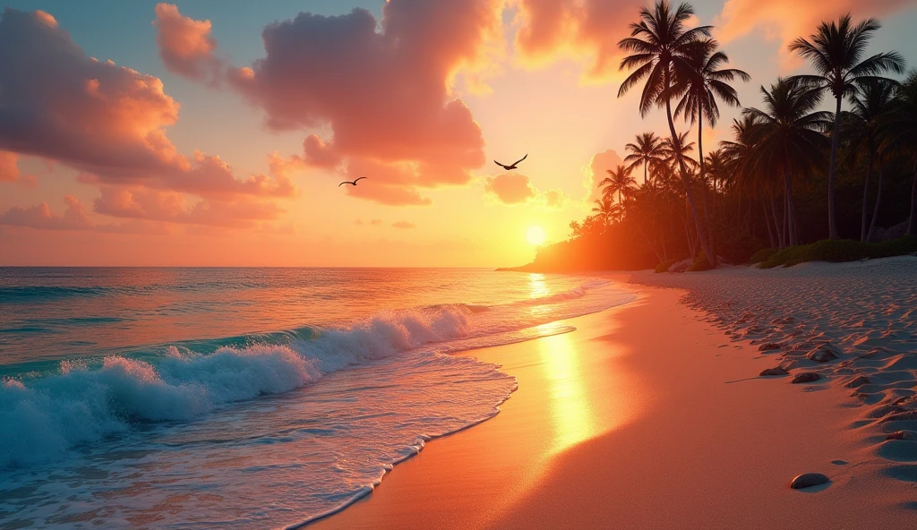 An absolutely mesmerizing sunset on the beach with a mix of orange, red, pink and yellow in the sky. The water is crystal clear, gently kissing the shore, and the sandy beach is endless. The scene is dynamic and breathtaking, with seagulls soaring high in the air and palm trees gently swaying. Immerse yourself in the calm atmosphere and let the tranquil surroundings surround you.