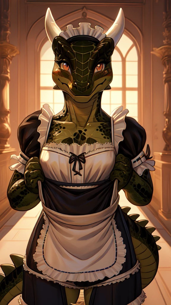 anime, hdr, soft light, ((best quality)), ((masterpiece)), (detailed), lustyargonian, maid, colored skin, green skin, maid headdress, tail, horns, (scales:1.2), (snout, animal nose:1.1), blush, embarrassed, (looking at viewer:1.1), cowboy shot,  (sexy undressing pose:1.5), mansion, (nsfw:0.35)