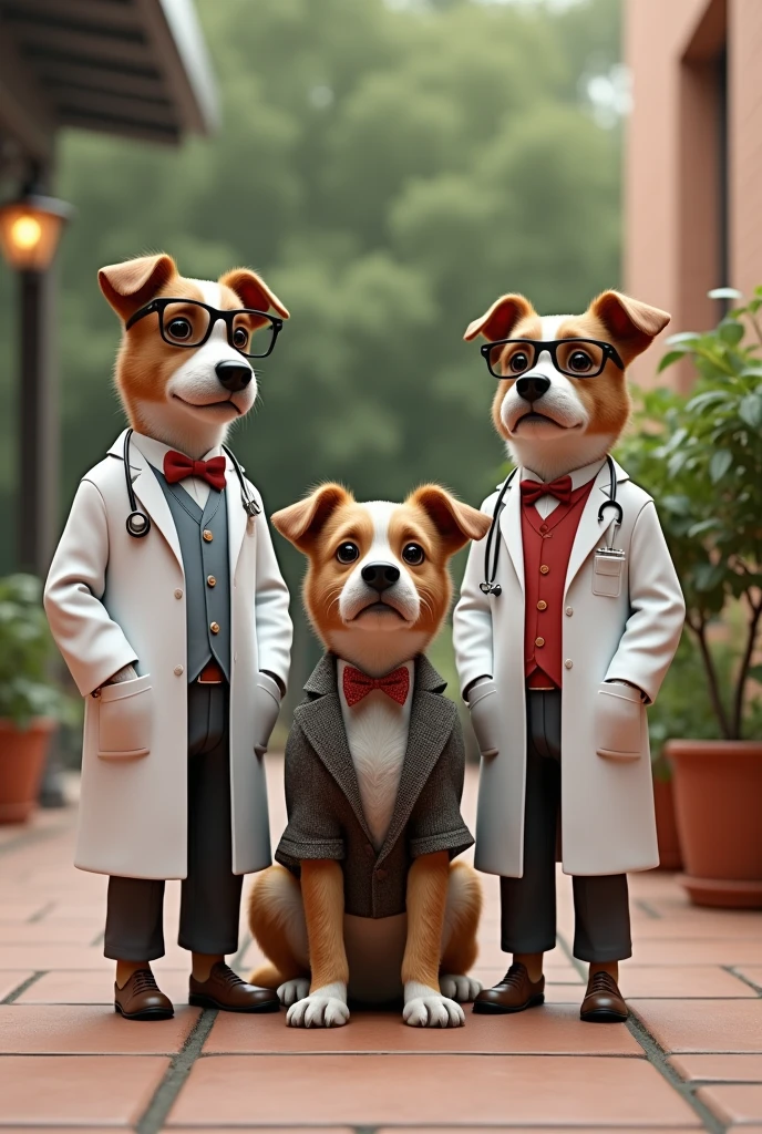 (photorealism:1.2), 3 dogs posing in a patio, the first dressed as a doctor, the second as a professor and the third as a biochemist, please.
