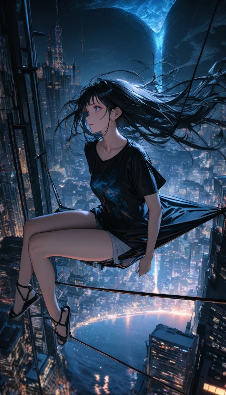 High resolution, Highest quality, high resolution, Super Fine, 16K, Incredibly absurd, Very detailed, Beautiful woman sitting on a trapeze suspended between two skyscrapers, Gazing into the distance, Wear a loose long T-shirt, Captivating look, Wind, Wind-effect, moonlit ocean, (Nice views:1.1) , Clockpunk
