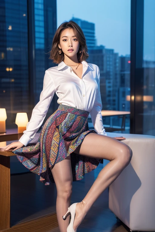 ((Highest quality、Ultra-high resolution、masterpiece、8k))、(Full Body Portrait)、(colorful shirt with collar)、(Geometric pattern long skirt:1.3)、((silk pantyhose))、High heels、(She is sitting with her legs together, showing off her beautiful legs.)、(1 girl)、Large Breasts、(Delicate face、Detailed eyes and face、double eyelid、Glossy lips)、Moisturized skin、Highly detailed face and skin texture、Two well-balanced legs、((Perfect Anatomy、Anatomically correct))、Modern architecture at night on the background、Professional Lighting