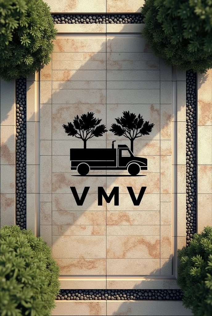 I want a pebble floor design in the center, a logo with a truck between 2 olive trees and the name that says VMV under the logo, with natural stone base and black logo. Frame the edges with creative black design