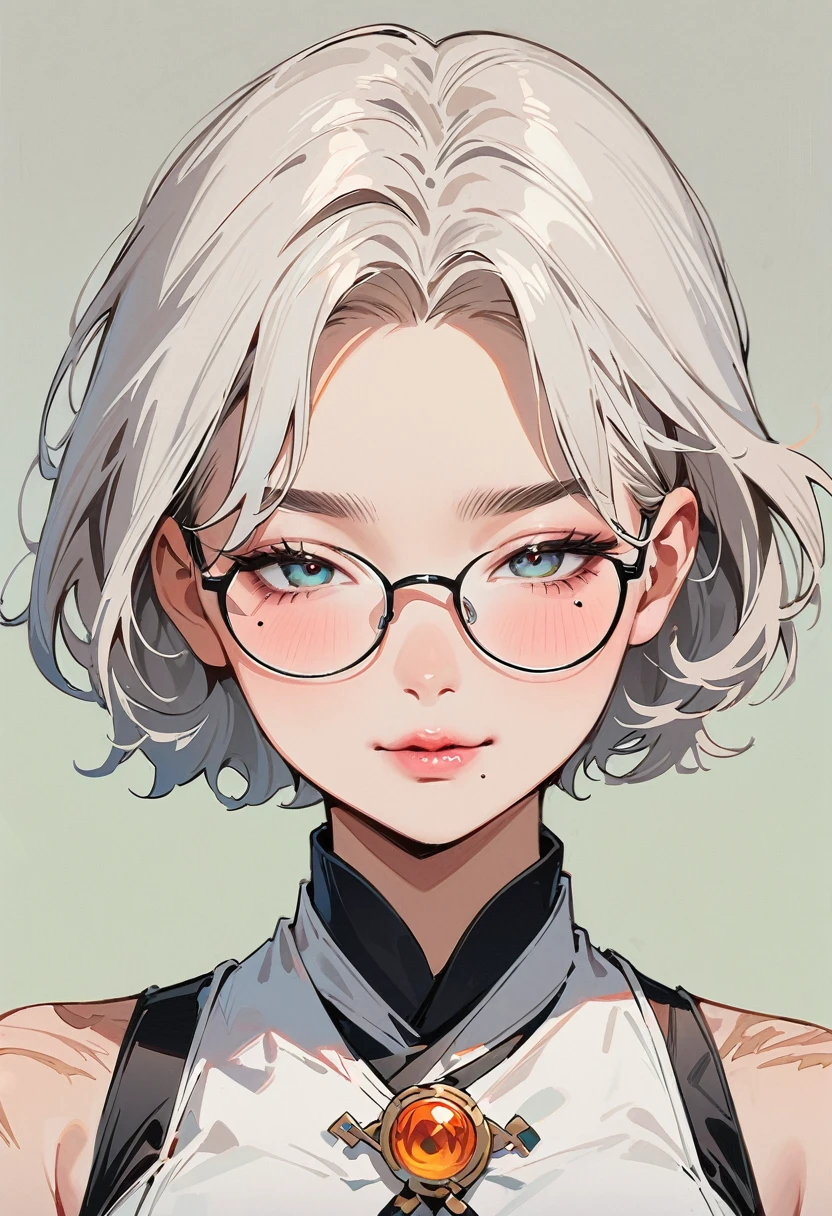 (masterpiece, best quality:1.4), 1 girl, 独奏, Anime style, Dark gray pupils, Blurred eyes, Pouting and smiling, Head slightly down, Black-rimmed glasses, Large scars on the face, Large scars, Right tear mole, Gray bald head,, Super short hair, Simple accessories, Styles of Top Portrait Artists, large breasts, White vest, White air coming out of mouth, Vision, Gray background.
