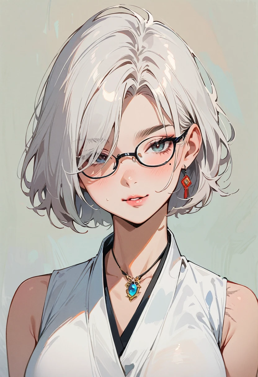 (masterpiece, best quality:1.4), 1 girl, 独奏, Anime style, Dark gray pupils, Blurred eyes, Pouting and smiling, Head slightly down, Black-rimmed glasses, Large scars on the face, Large scars, Right tear mole, Gray bald head,, Super short hair, Simple accessories, Styles of Top Portrait Artists, large breasts, White vest, White air coming out of mouth, Vision, Gray background.