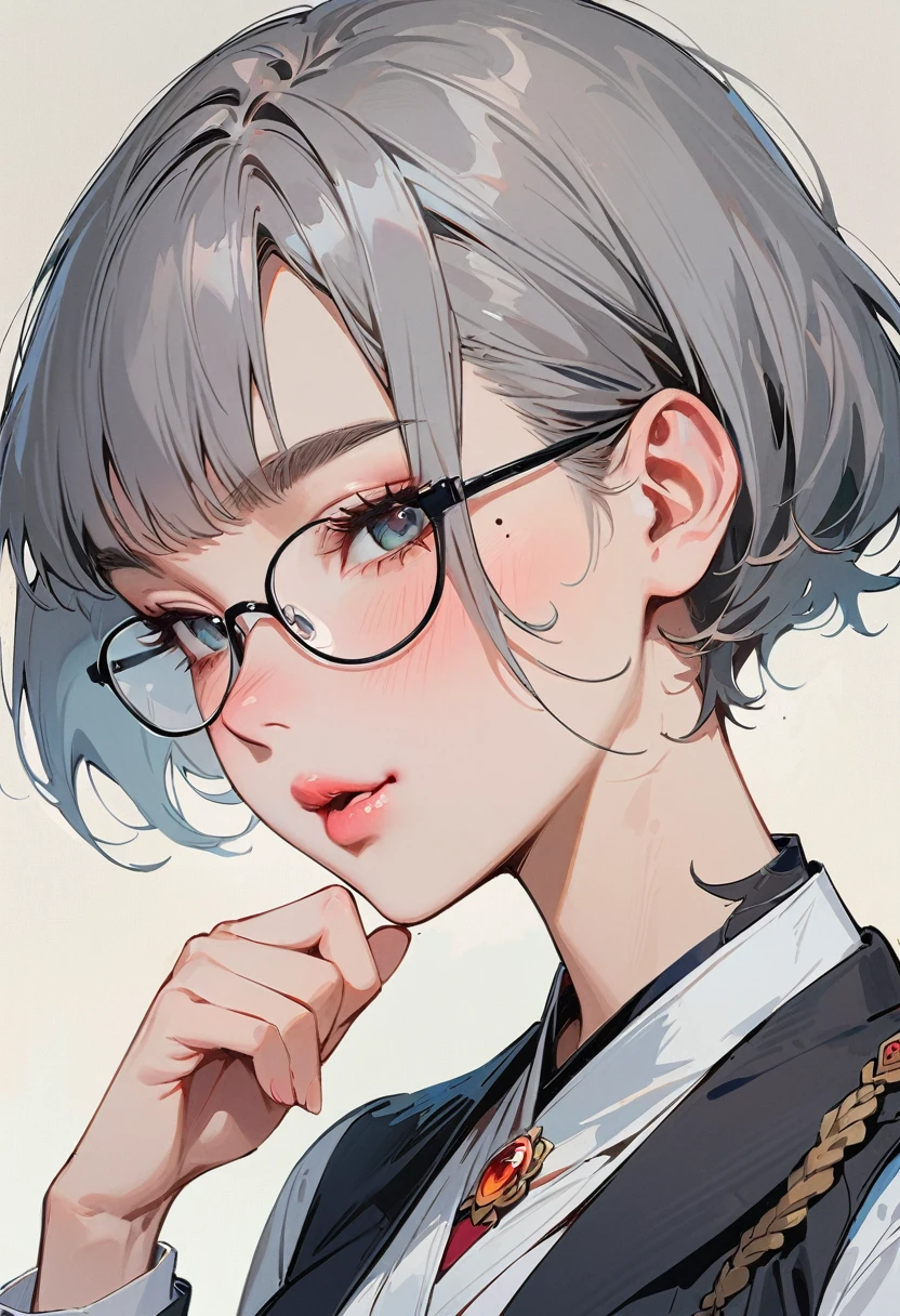 (masterpiece, best quality:1.4), 1 girl, 独奏, Anime style, Dark gray pupils, Blurred eyes, Pouting and smiling, Head slightly down, Black-rimmed glasses, Large scars on the face, Large scars, Right tear mole, Gray bald head,, Super short hair, Simple accessories, Styles of Top Portrait Artists, large breasts, White vest, White air coming out of mouth, Vision, Gray background.