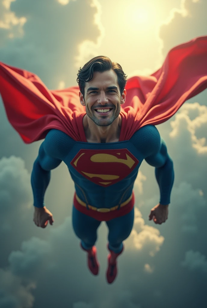 create me a image of superman which is flying and add the face of chat llm to him