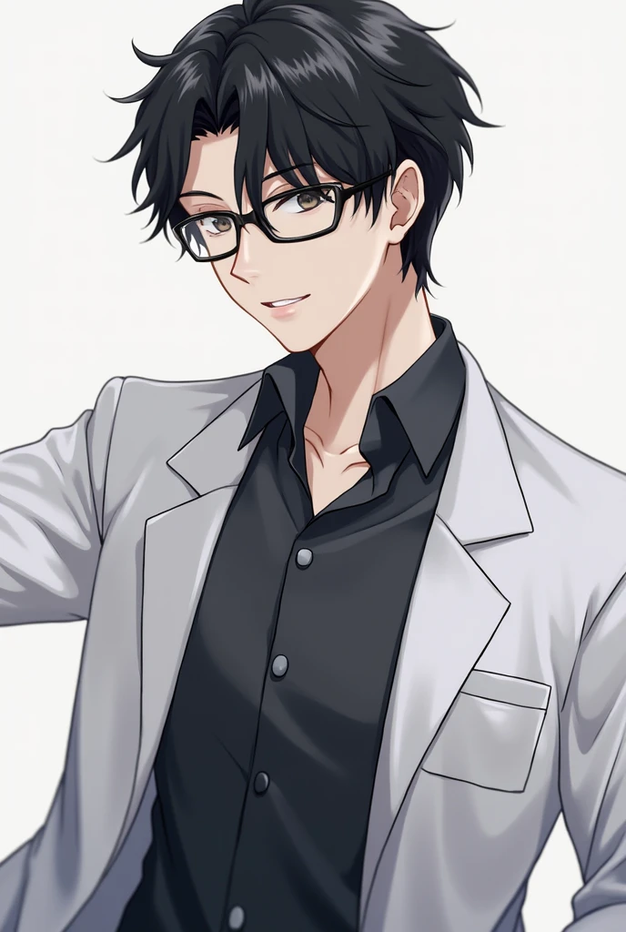 Anime style,man,black hair,glasses,lab coat,