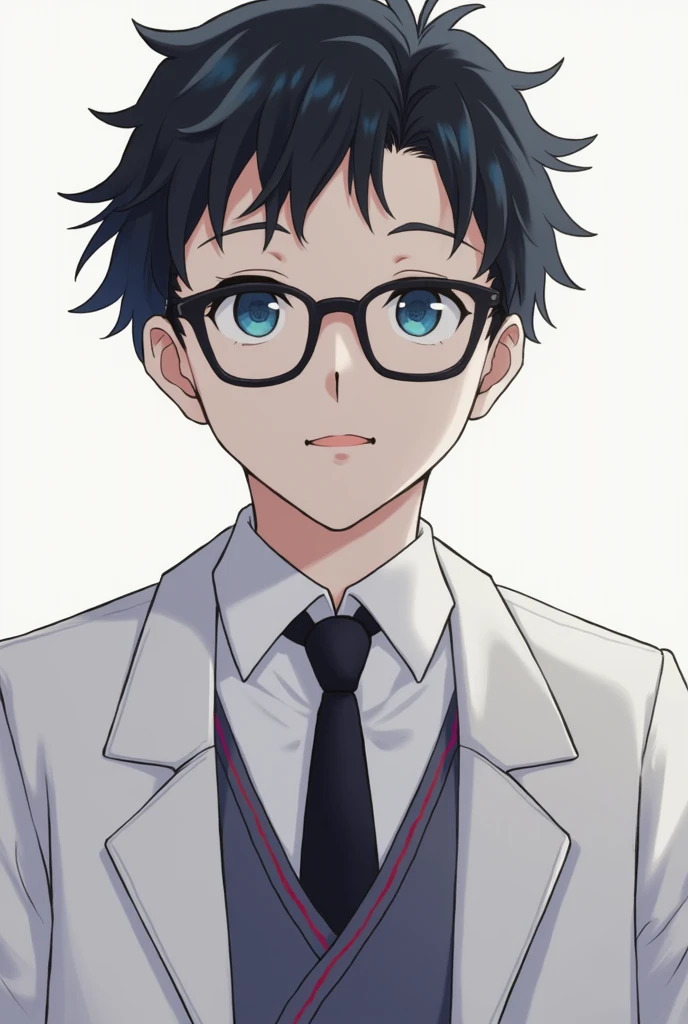 Anime style,man,black hair,glasses,lab coat,