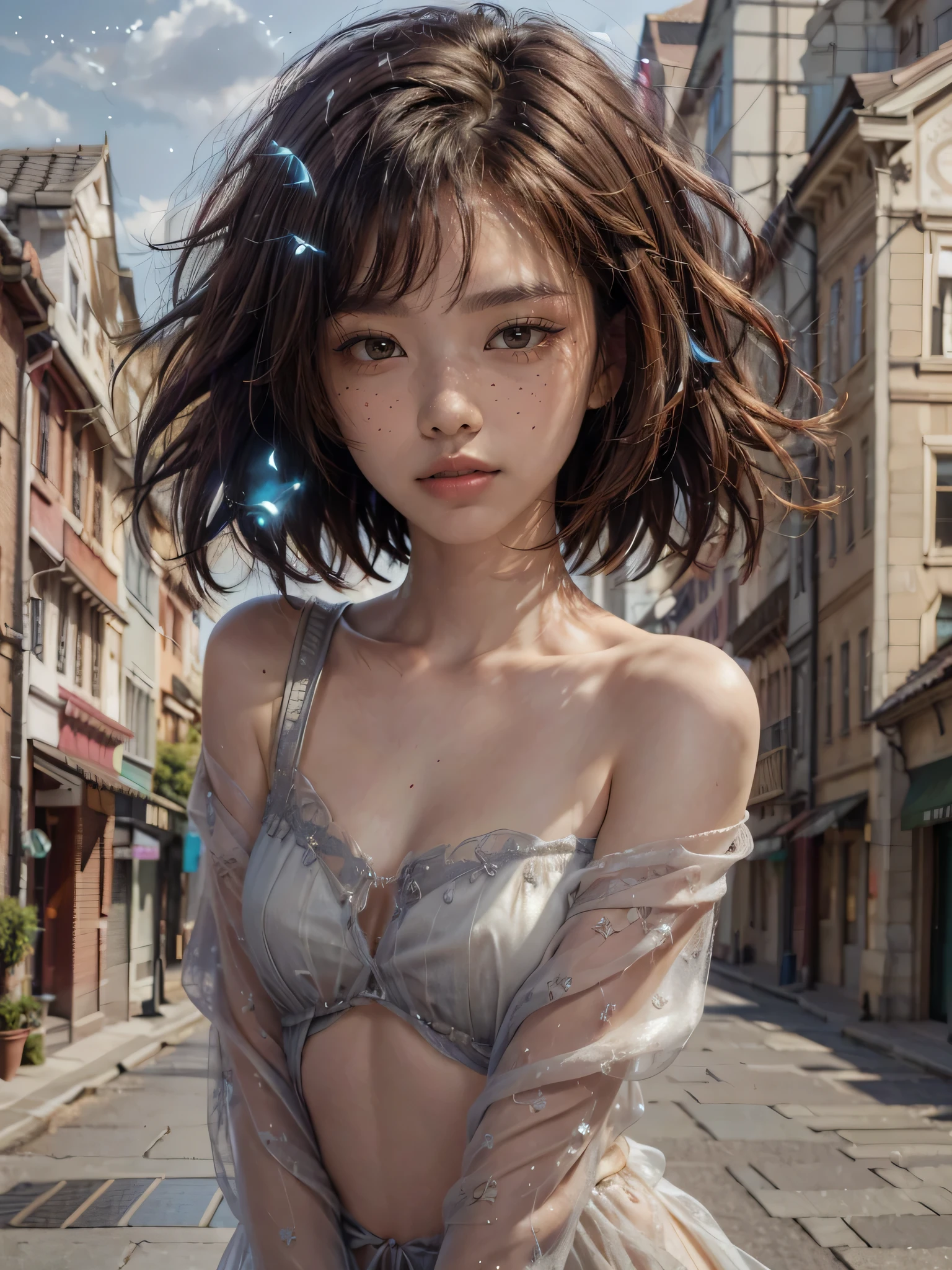 (best quality,4k,8k,highres,masterpiece:1.2),ultra-detailed,(realistic,photorealistic,photo-realistic:1.37),beautiful detailed eyes,beautiful detailed lips,extremely detailed eyes and face,longeyelashes,1 girl,portrait,fantasy landscape,magical forest,glowing fireflies,warm sunlight,dramatic lighting,vibrant colors,cinematic, cute face, pretty girl, ((short hair)), 
