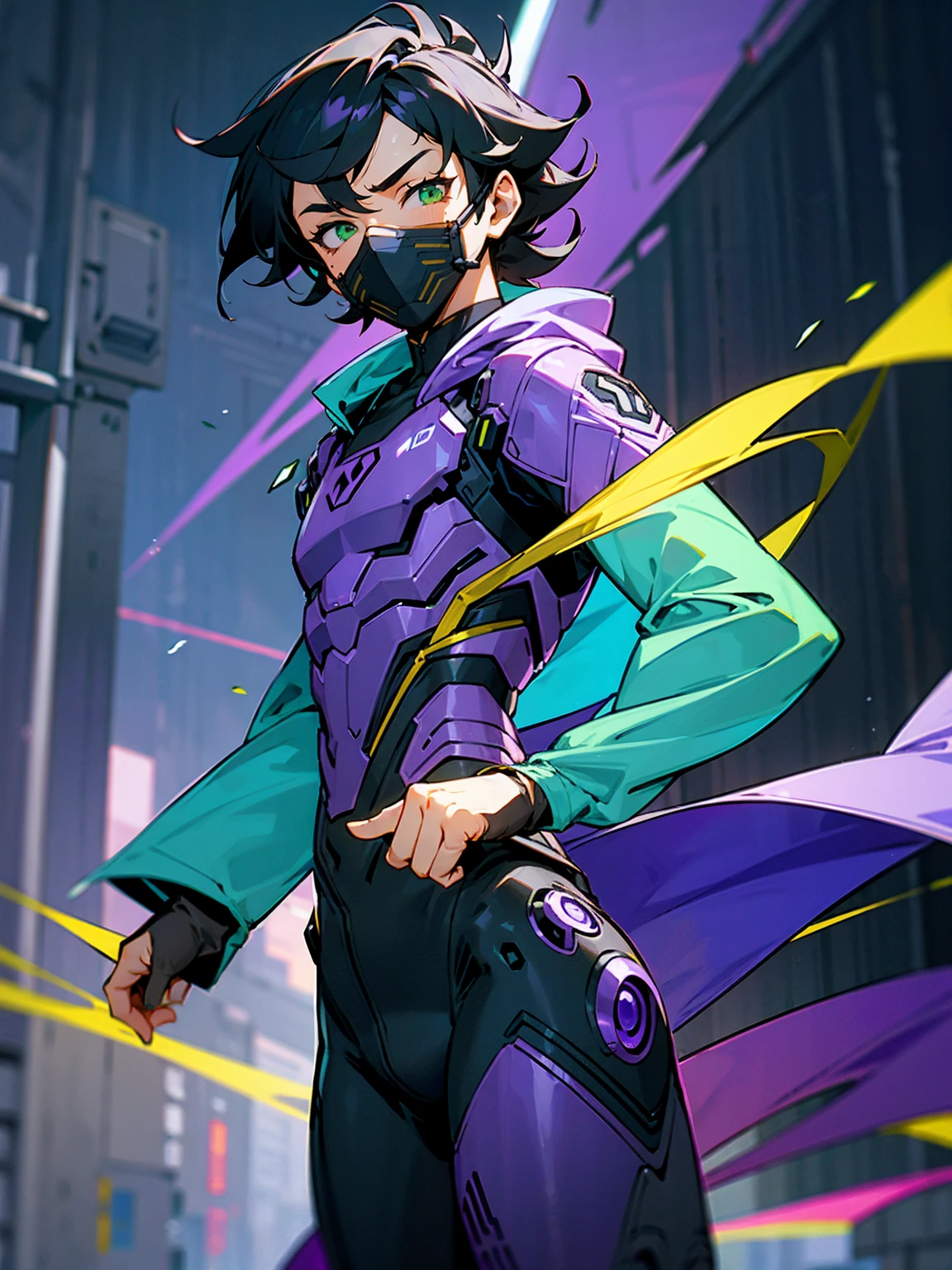 1male, hawaiian hair, black hair, purple visor, green eyes, robot mask, purple speed suit, tied to waist, standing on path, road, modern city, purple cloak