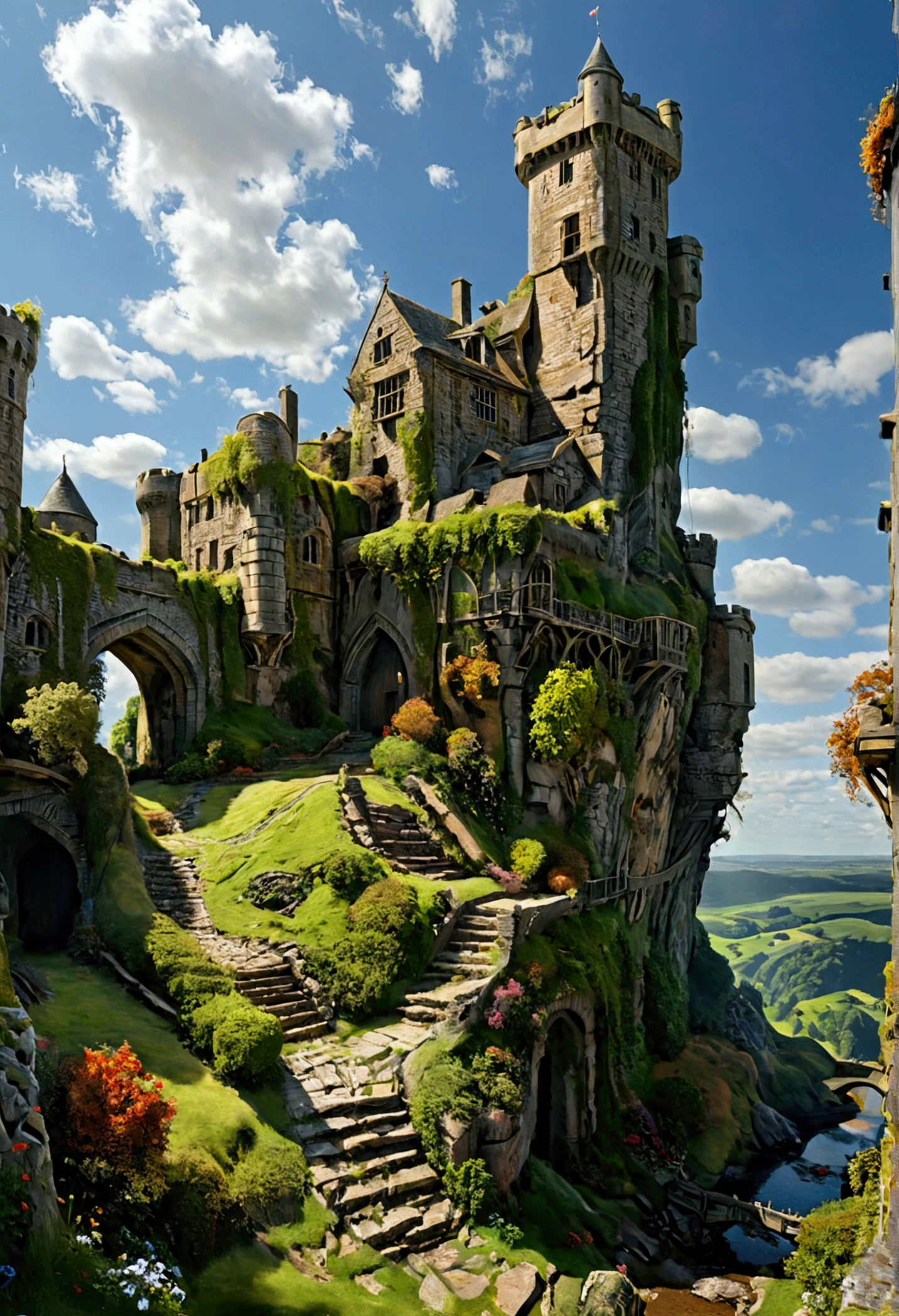 Créez des chefs-d&#39;œuvre dystopiques，Représentez une forteresse détruite dans un style artistique conceptuel de jeu réaliste.. L&#39;œuvre d&#39;art doit évoquer un sentiment de désolation et de désespoir antique , monde de Tolkien. Gardez un œil sur les subtilités des détails, netteté, et une description très détaillée de la citadelle en ruines. Inspirez-vous des styles artistiques de Wayne Barlow et Zdislav Beksiński. Livrez cette image au format d&#39;affichage vidéo, Montrez la sombre beauté de ce monde en décomposition.