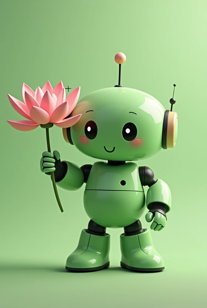 Light green chubby friendly robot with a lotus flower in its open hand looking straight ahead