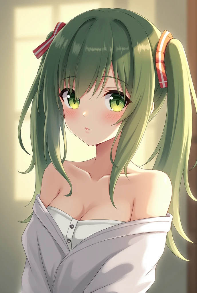 masterpiece, highest quality，highest quality，{{{1 girl}}}，solo，{{{Sanae Dongfeng Valley/Sanae Kochiya}}}，{{{frog hair ornament}}}，light green hair，Long Wave Hair，hair tube，green eyes(heart eyes)，blush，{{big chest room background、Only the upper body is visible、Slender、full nude、Courtship action、beautiful breasts、Close-up、embarrassed face