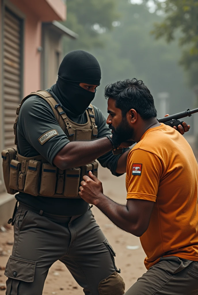 Create an AI image
Where a terrorist is fighting an Indian guy with a tshirt with caption "Fatmoshi" 

