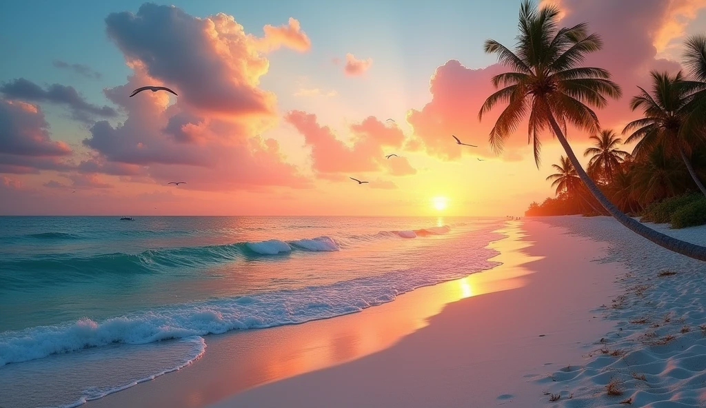 An absolutely mesmerizing sunset over the beach, with a blend of oranges, pinks, and yellows filling the sky. Crystal-clear waters of the sea gently kissing the shore, with sandy white beach stretching far and wide. The scene is dynamic and breathtaking, with seagulls soaring high in the sky and gently swaying palm trees. Take in the calming atmosphere and let the peacefulness wash over you.