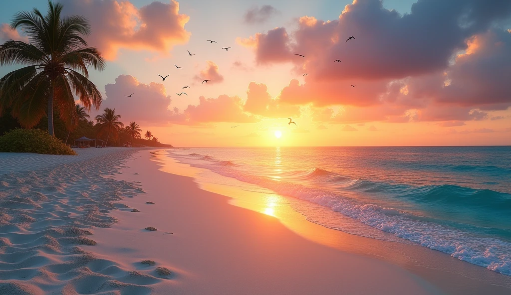 An absolutely mesmerizing sunset over the beach, with a blend of oranges, pinks, and yellows filling the sky. Crystal-clear waters of the sea gently kissing the shore, with sandy white beach stretching far and wide. The scene is dynamic and breathtaking, with seagulls soaring high in the sky and gently swaying palm trees. Take in the calming atmosphere and let the peacefulness wash over you.