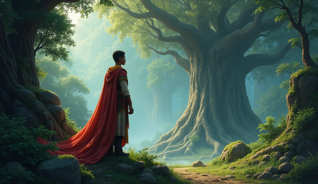 Also depicted is Mandla, the young prince, standing defiantly at the edge of the forest, his expression a mix of determination and pride. He is dressed in rich, vibrant robes that signify his royal heritage. His gaze is fixed on the ancient tree in the distance, unaware of the spirits that are beginning to rise around him. The scene captures the tension between the past and the present, the living and the dead, and the young prince’s impending realization of the true nature of power.*
