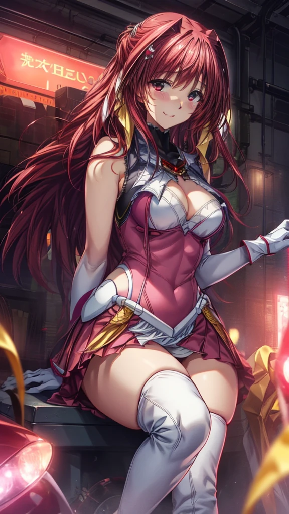 12k,Escalayer,long hair,hair_ornament,Red eyes,Pink Dress,White long gloves,thigh_boots, Embarrassing ,blush,,,White panties,,masterpiece,Noise Reduction,Perfect Anatomy,High resolution, Very detailed,Game CG,Dutch Angle ,Beautiful attention to detail,Visual Arts,Five Fingers, Perfect hands, Perfect lighting,,Red eyes,(銀hair:1.4),Wicked Smile,(Inside a futuristic base:1.1)