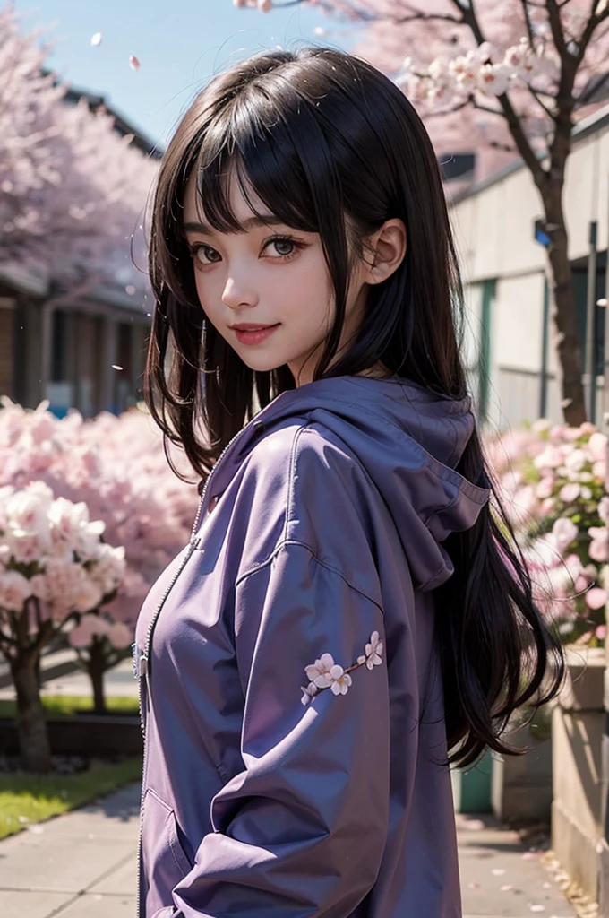 petals, 1girl, hood, falling petals, hood down, cherry blossoms, hyuuga hinata, long hair, looking at viewer, solo, smile, black hair, purple eyes, hooded jacket, blunt bangs, bangs, breasts, upper body, hoodie, from side, sidelocks, jacket, medium breasts