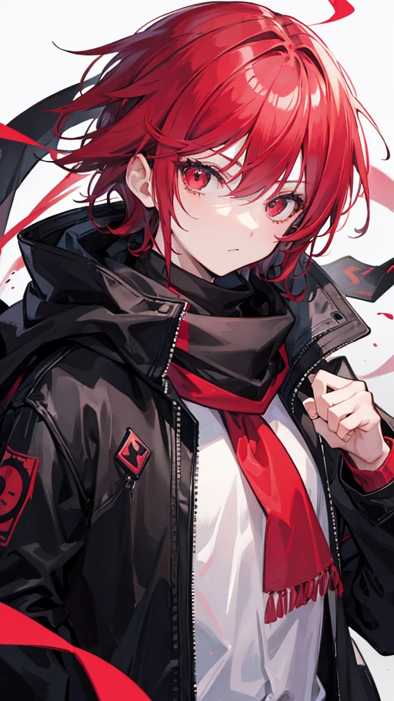 Boy black jacket with red scarfs pink hair four red eyes 
