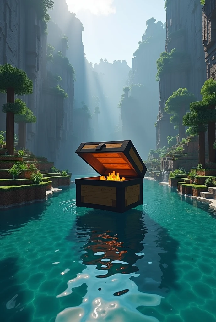 create an image a giant giant chest in the middle of the minecraft river