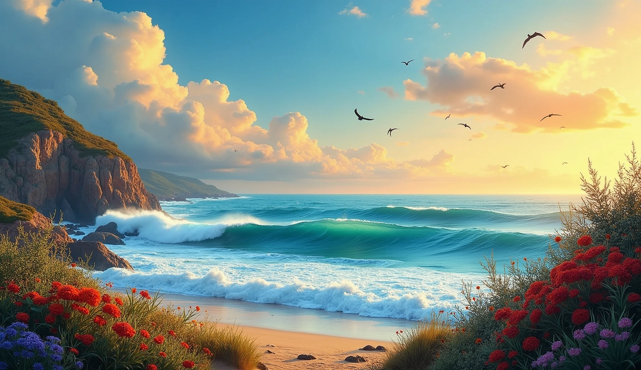 Nature view scene of a beautiful ocean withe big waves, flying birds in the sky, fluffy clouds, orange sky, wild plants, wild flowers, colorful, oil painting, cinematic, wallart, 8k wallpaper