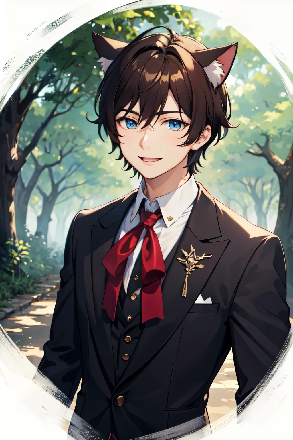 ((best quality)), ((masterpiece)), (detailed), male anime, dark brown hair, spikey hair, blue eyes, cat ears, elegant royal suit, red ribbon, sunny background, forest background, raining background, happy smiling facial expression 