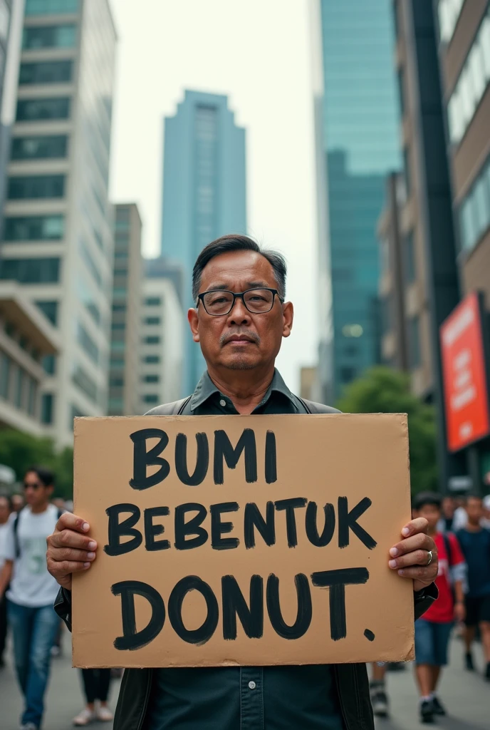 A man wearing glasses holding a sign "Bumi Berbentuk Donut"