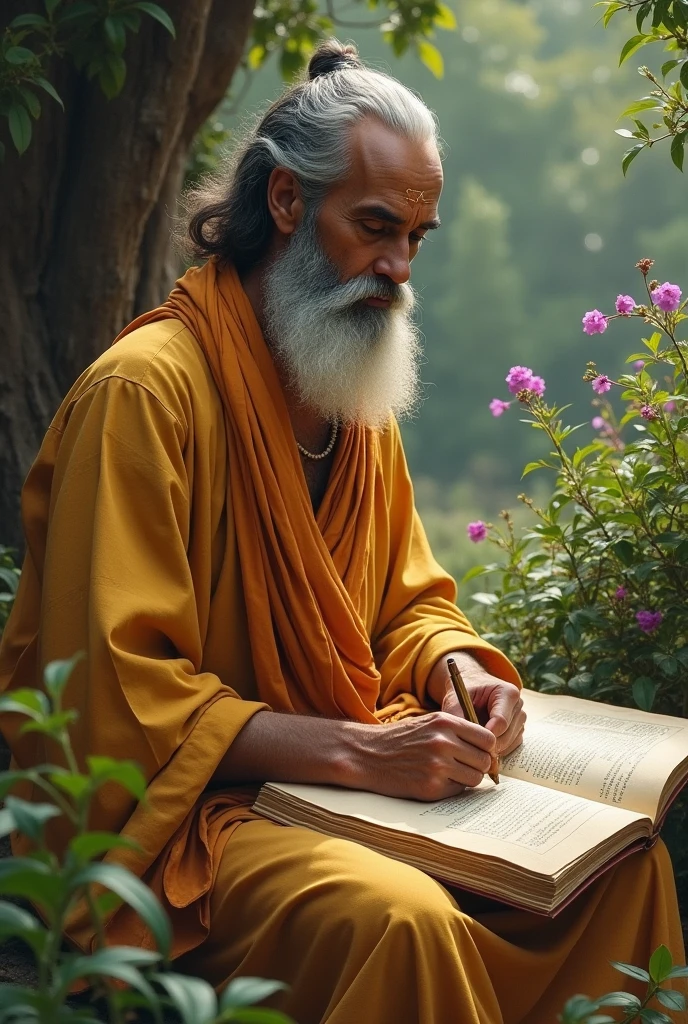 An acharya  writing books of ayurveda with herbs  little far with herbs 