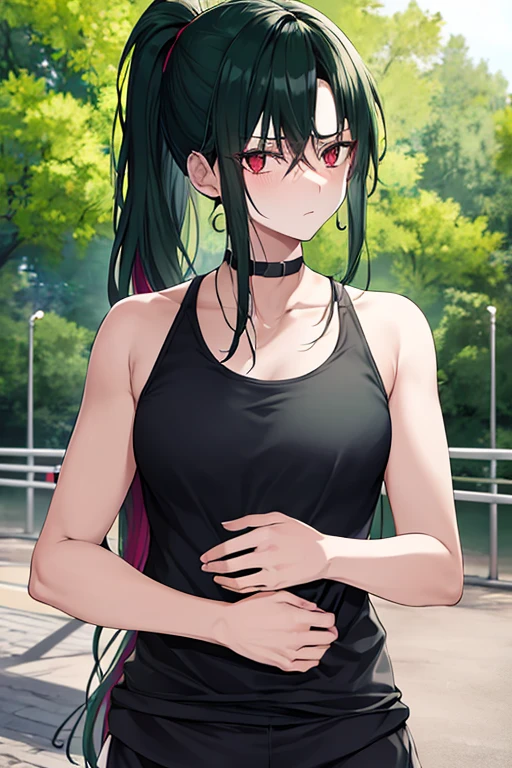 jujutsu kaisen, maki zenin,  girl, tall athletic build, long dark green hair tied into a short ponytail, black clotches, holding a 4 years ch, in the park