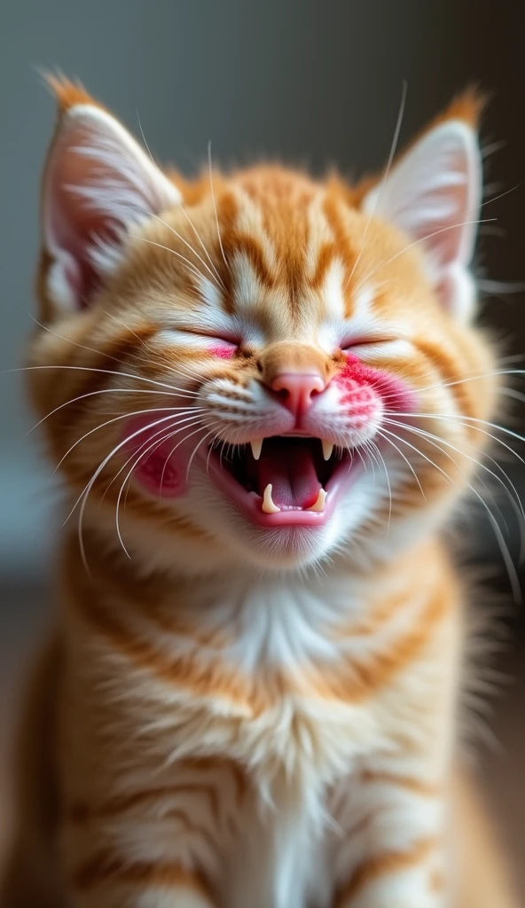 The orange fat kitten’s face is visibly swollen, especially around the cheeks, with red marks where the bee stung. Tears stream down her face as she cries from the pain, her expression one of distress and helplessness. Pictures look like original and not blurred and not write anything and 4k results.