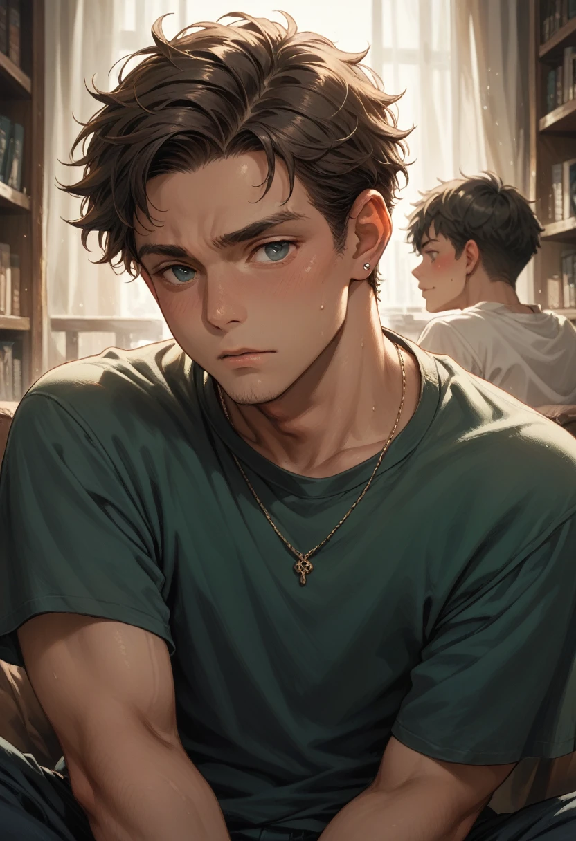 Short, boy band member's tousled gray hair, Red eyes, close-up photo, photorealistic, wear a tank top and jogger pants, Solid colors, futuristic city, dynamic camera angle, beautiful full body anime style, clean detailed faces, sophisticated clothes, analogous colors, bright shadows, beautiful gradient, depth of field, hair light, clean image, high quality, high detail, a high resolution, Luminous Studio Graphics Engine, Beautiful face, thin waist, 16 thousand.