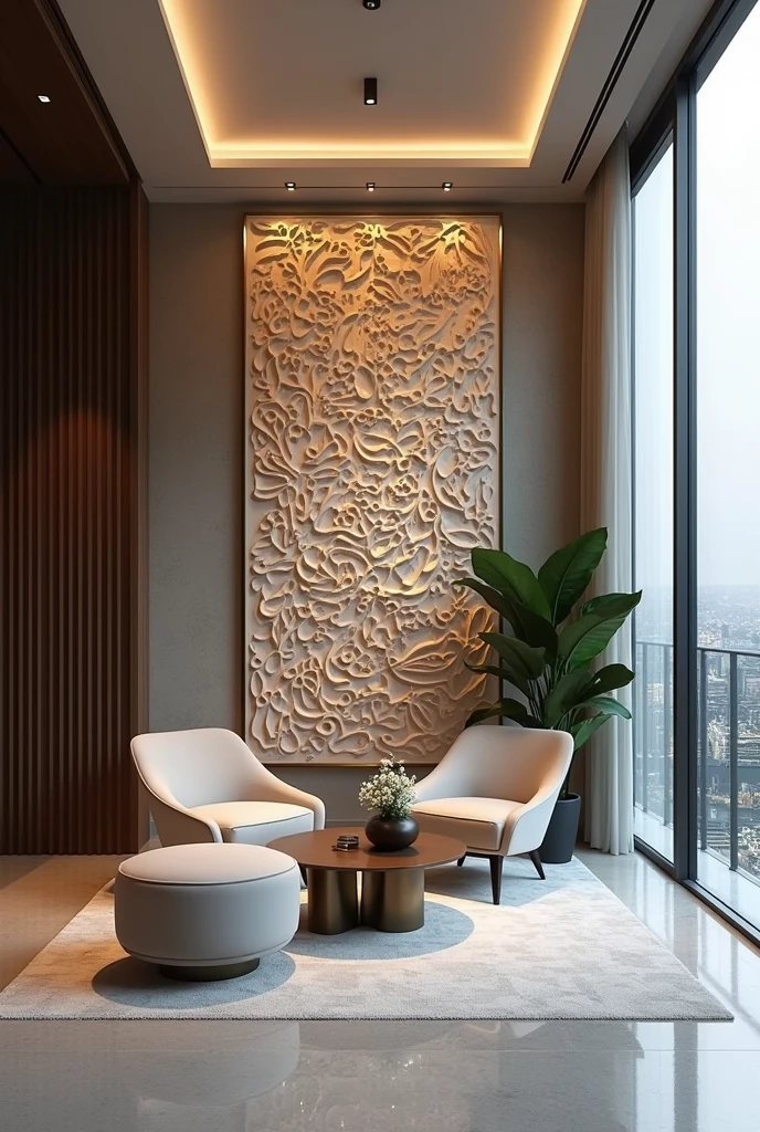 Interior decor for an advocate office with beautiful wall sculpture on one wall