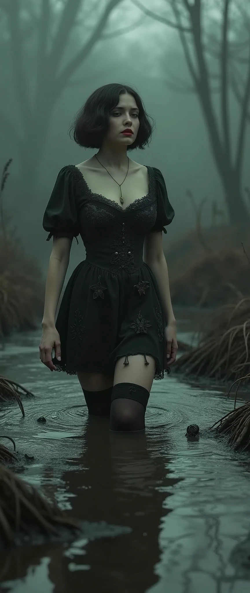 19 century setting, drama, aristocratic, stuck in bog,detailed short dress, bob-cut, stockings with garters, red lips, goth