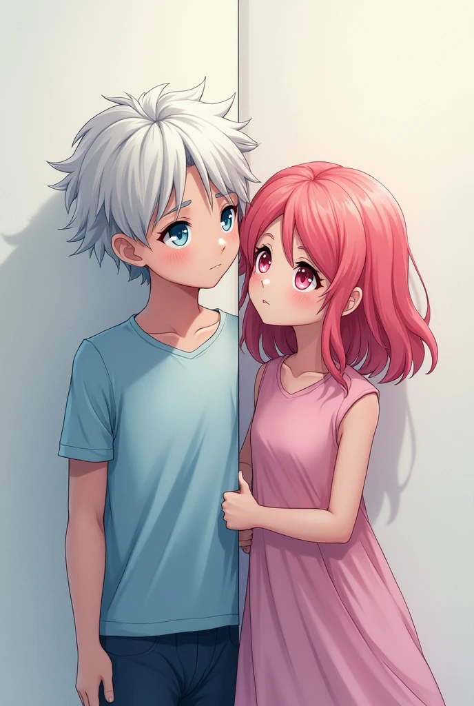 duo , couple , A very young man with reddish pink hair, fluffy shot hair ,Her skin is somewhat pale , rectangular eyes, red eyes,Her clothes are a beige sweater, Black pants , Neutral facial expression , from head to toe,stopped, su couple Una chica de pelo VERDE MENTA CLARO , long , big tits, red eyes , huge ass , off-shoulder sweater , Different hair color,happy facial expression