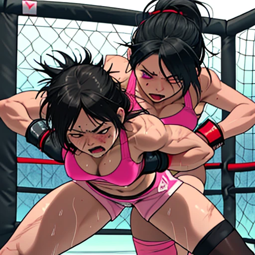 punch, punch, punch. two bloody beautiful Japanese female fighters are looking at each eyes. life or death struggle. survival battle. dynamic exciting action in the octagon fighting ring. whole body picture. they are beating each other so hard. their punches to each other's faces. they are covered in scars and bruises. they are damaged terribry. Short-cut black hair, out of breath, drooling from mouth, one eye closed, exhausted, drenched in sweat. Erect nipples. open finger glove.  Ragged white and pink sports bra, high leg panty, Stockings. armwarmers. Whittled waistline,