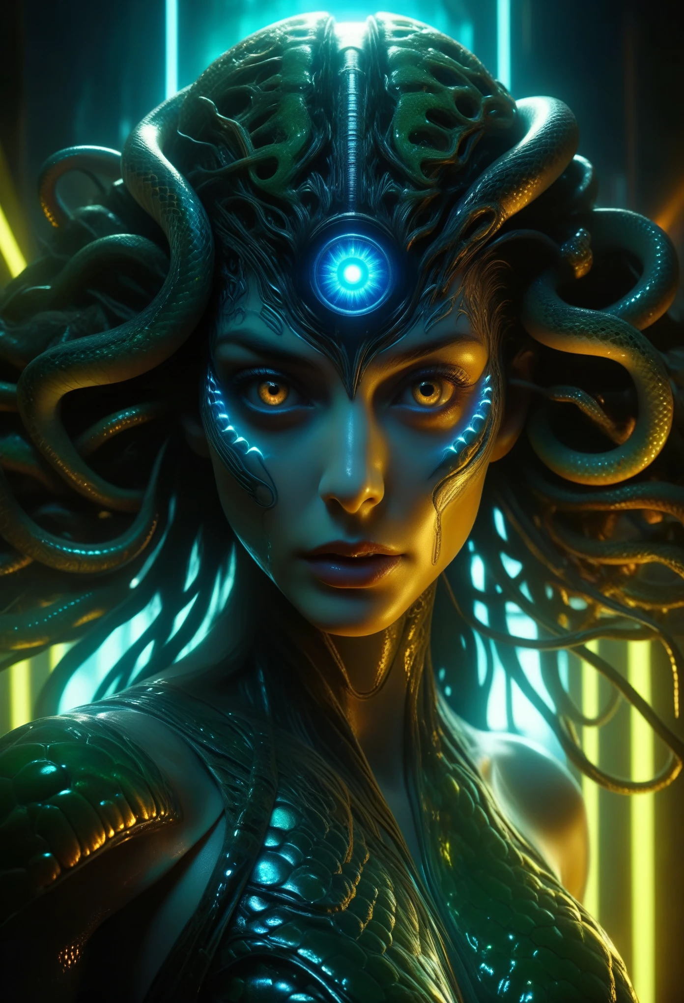 score_9, score_8_up, score_7_up, 1 female medusa alien, A scene from a horror movie, beautiful detailed eyes, A third eye on the forehead, beautiful detailed lips, extremely detailed face and eyes, long eyelashes, (long tongue like a snake:1.2), intricate insect-like features, glowing compound eyes, scythe-like forelimbs, alien carapace, vibrant colors, futuristic sci-fi environment, neon lights, glowing energy field, complex technological architecture, dramatic lighting, cinematic atmosphere, award winning digital art, hyper realistic, 8k, high quality, masterpiece, Bioluminescence, Translucent armor, thespiritde, concept art, hypre detailed moist skin texture, (Best Quality, 4K, 8K, High Definition, Masterpiece:1.2), (Ultra Detailed, Realistic, Photorealistic:1.37),