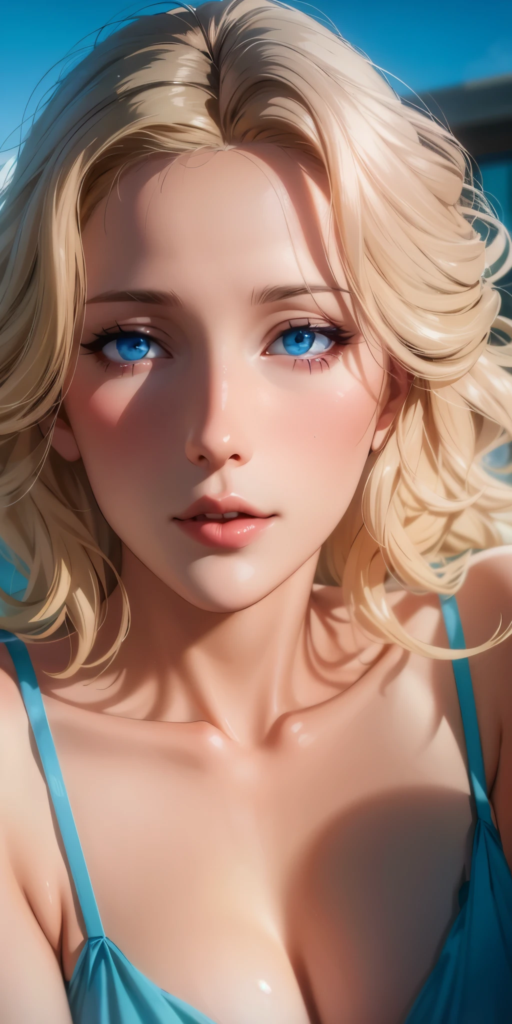 Elegant mature woman, milf, blue eyes, blonde hair, bangs, soft light, 4k resolution, high quality, beautiful cg