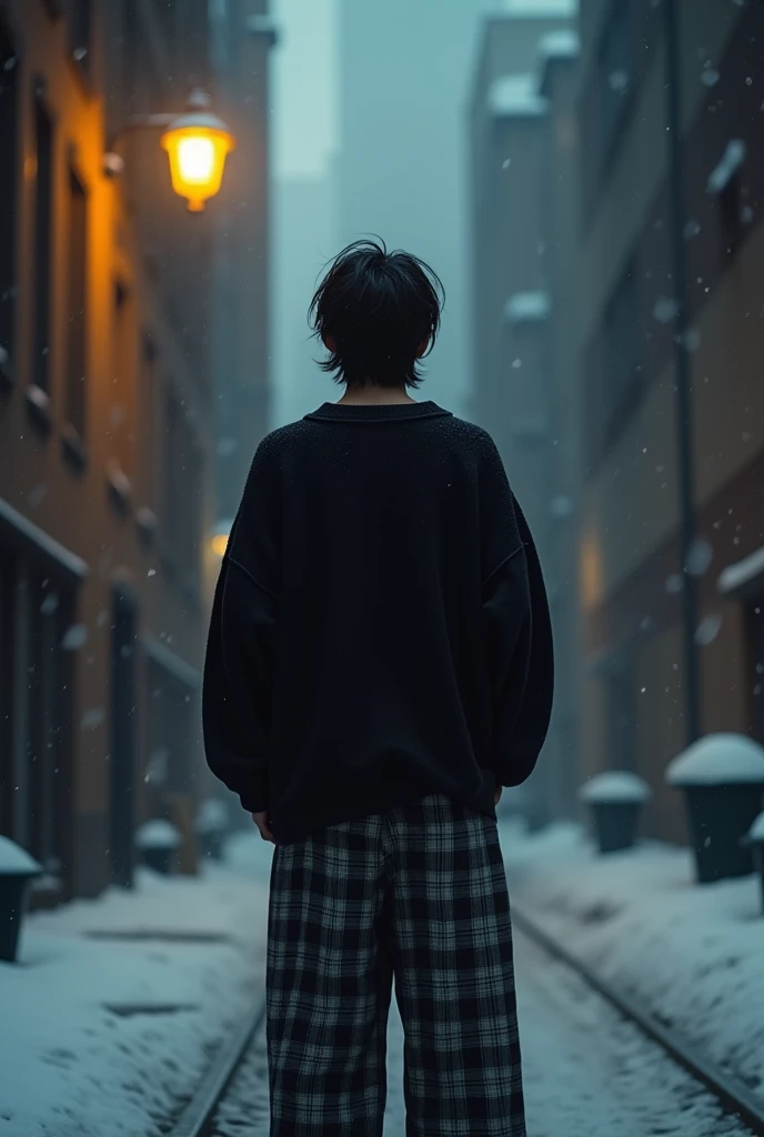 A guy with black, tousled hair down to his chin, stands in a snowy alley, between high-rise buildings in the city, at night in the small light of lamps on poles, dressed in wide checkered pants and a large black sweater