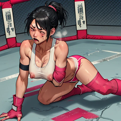 a beautiful bloody  japanese high school girl fighter is knoced out in the octagon fighting ring, she is beated down, She sits slumped against the octagon's fence, whole body picture, she lose. she is covered in scars and bruises, she is damaged terribry, Short cut black hair, out of breath, drooling from mouth, her one eye is closed, exhausted, drenched in sweat, Erect nipples, open finger glove, Ragged white and pink sports bra, high leg panty, Stockings, armwarmers, Whittled waistline , slender body