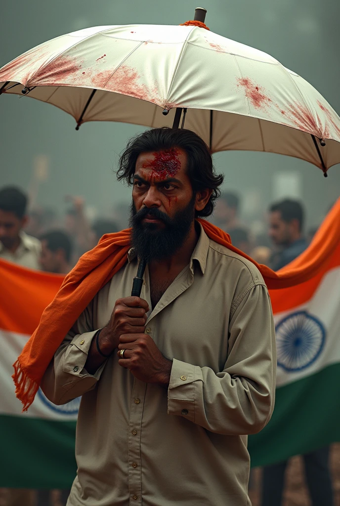 A man wearing a white umbrella is carrying an Indian flag with a bloody wound on his head