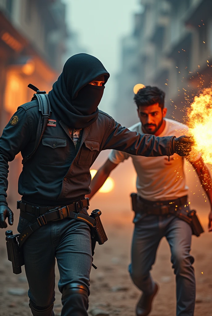 Create an AI image
Where a terrorist is fighting an Indian guy with a fatmoshi tshirt