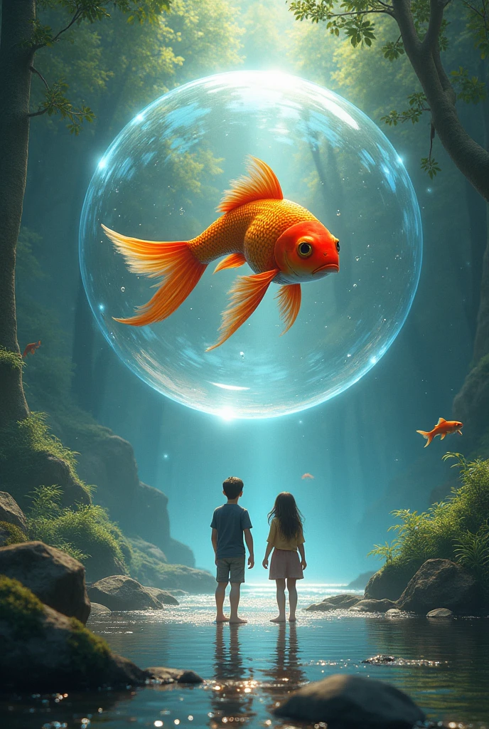 Following the trail, agers Pedro and Laura, they arrived at a sparkling and magical river.
guarded by a goldfish hybrid, surrounded by a giant bubble of water Parallax image