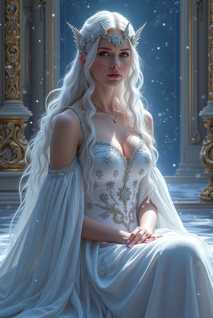  Queen Elinar of Avaria sits in the great hall of the royal palace. She has long, flowing silver hair and wears a long white dress decorated with stars and snowflakes. Around her, there is an aura of coolness and majestic power.