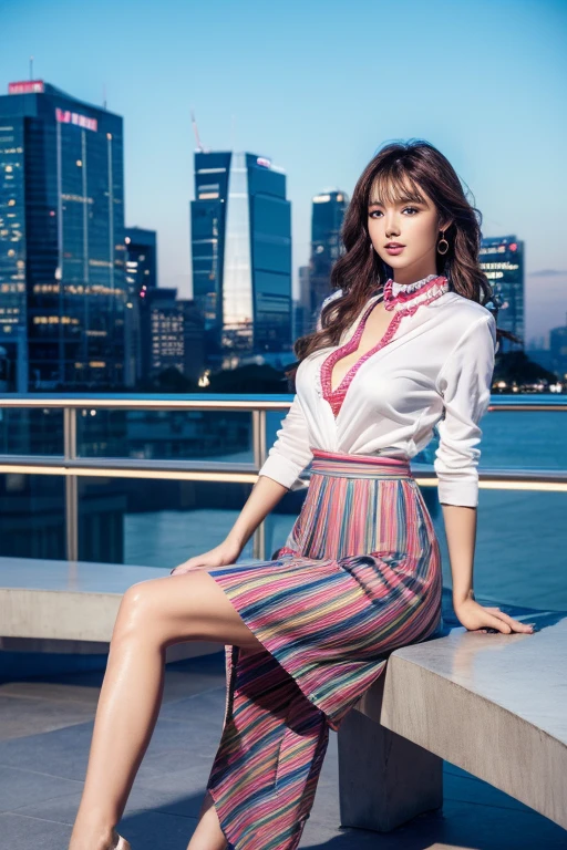 ((Highest quality、Ultra-high resolution、masterpiece、8k))、(Full Body Portrait)、(colorful shirt with collar)、(Geometric pattern long skirt:1.3)、((silk pantyhose))、High heels、(She is sitting with her legs together, showing off her beautiful legs.)、(1 girl)、Large Breasts、(Delicate face、Detailed eyes and face、double eyelid、Glossy lips)、Moisturized skin、Highly detailed face and skin texture、Two well-balanced legs、((Perfect Anatomy、Anatomically correct))、Modern architecture at night on the background、Professional Lighting