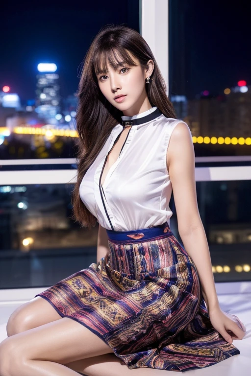 ((Highest quality、Ultra-high resolution、masterpiece、8k))、(Full Body Portrait)、(colorful shirt with collar)、(Geometric pattern long skirt:1.3)、((silk pantyhose))、High heels、(She is sitting with her legs together, showing off her beautiful legs.)、(1 girl)、Large Breasts、(Delicate face、Detailed eyes and face、double eyelid、Glossy lips)、Moisturized skin、Highly detailed face and skin texture、Two well-balanced legs、((Perfect Anatomy、Anatomically correct))、Modern architecture at night on the background、Professional Lighting