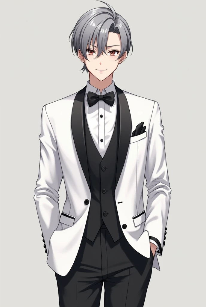 A anime boy age 24 he is wearing classic white and black suit dark grey hair white skin and his smiling and his looking smart